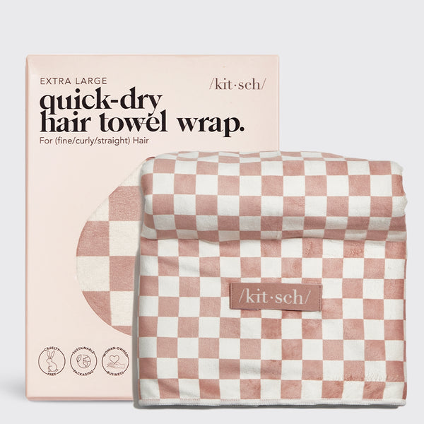 Extra Large Quick-Dry Hair Towel Wrap | Terracotta Checker