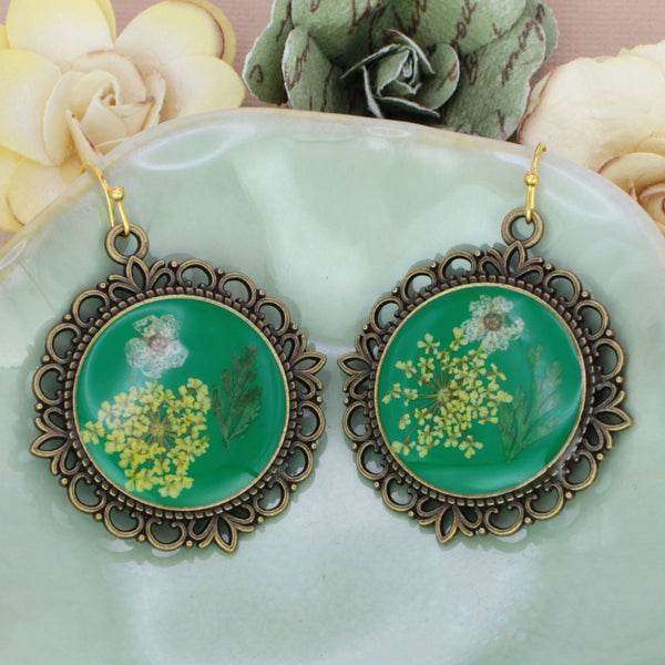 Antique Gold Dried Flower Green Cameo Earrings