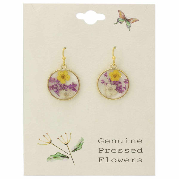 Cottage Purple Yellow Dried Flower Round Earrings