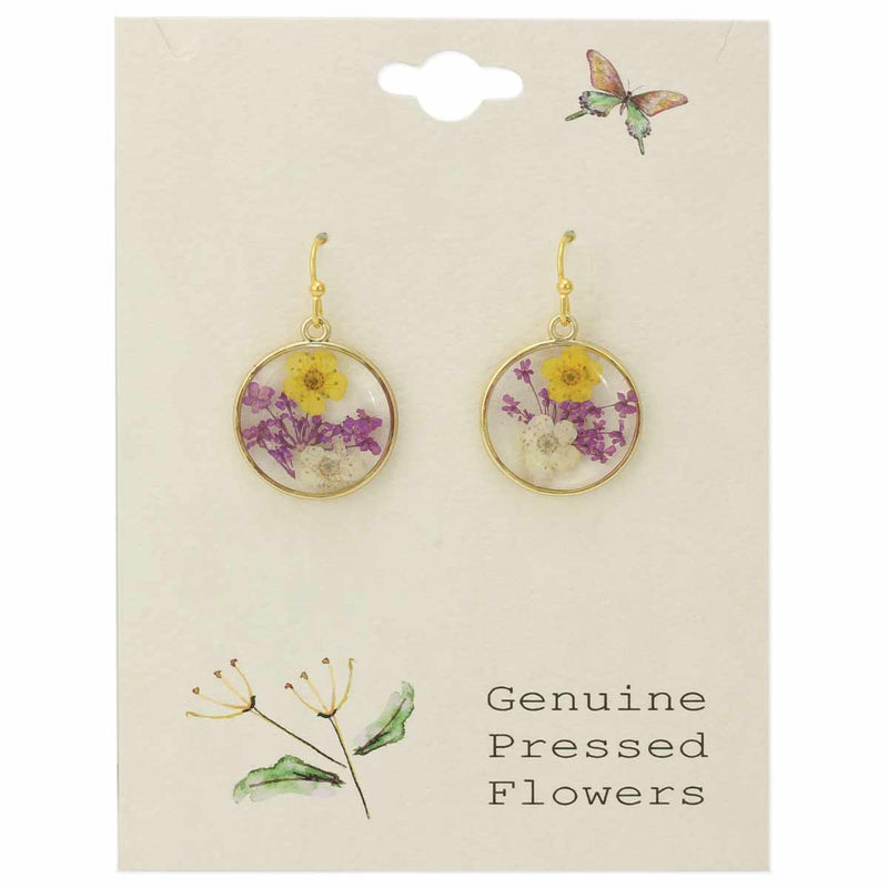Cottage Purple Yellow Dried Flower Round Earrings