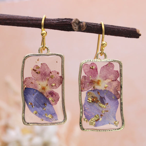Purple Pink Dried Flower Rectangle Earrings