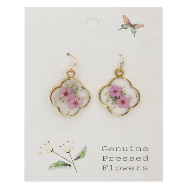 Pink Dried Flower Clover Earrings