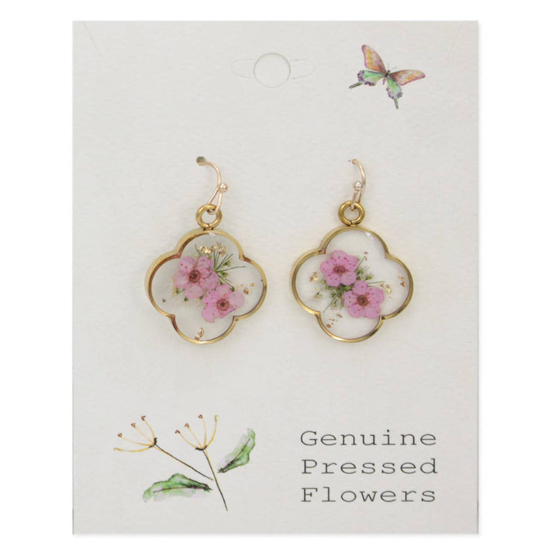 Pink Dried Flower Clover Earrings