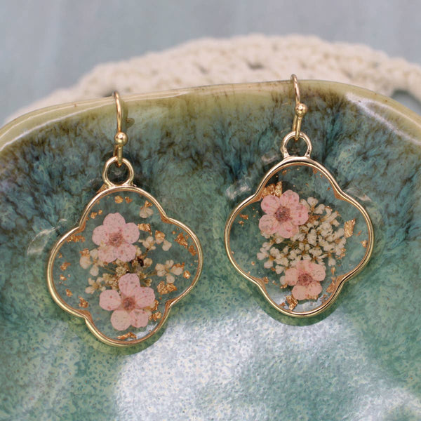 Pink Dried Flower Clover Earrings
