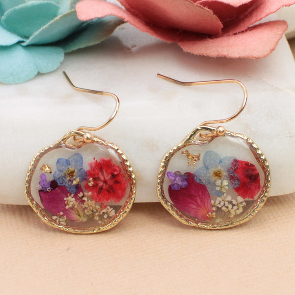 Cottage Floral Blue Red Dried Flower Earrings