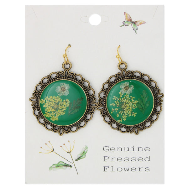 Antique Gold Dried Flower Green Cameo Earrings