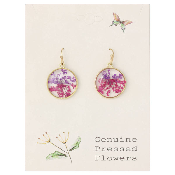 Pink Purple Dried Flower Round Earrings