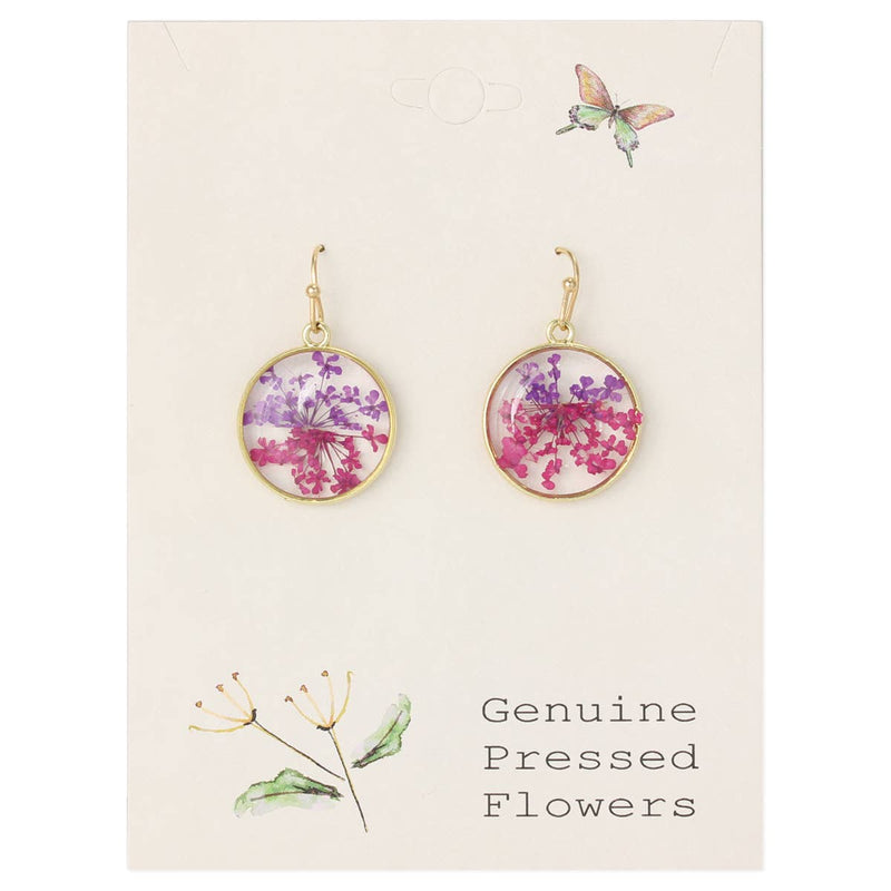 Pink Purple Dried Flower Round Earrings