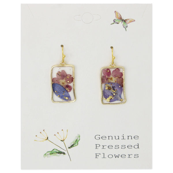 Purple Pink Dried Flower Rectangle Earrings