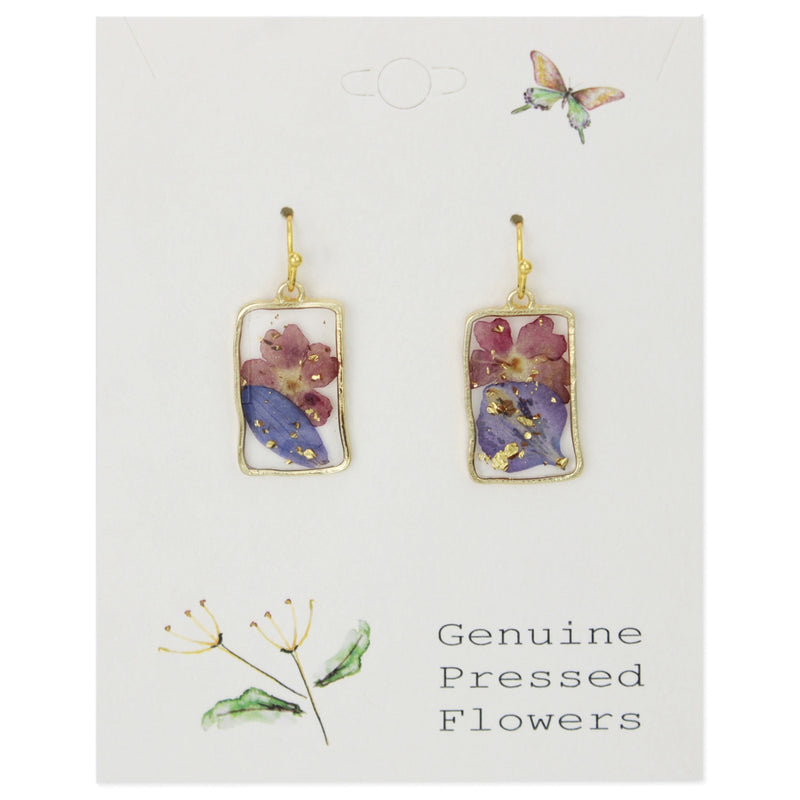 Purple Pink Dried Flower Rectangle Earrings