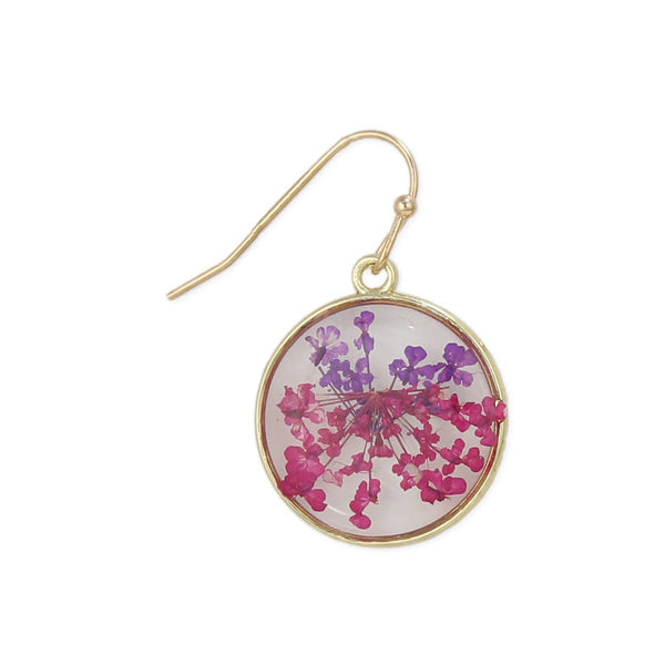 Pink Purple Dried Flower Round Earrings