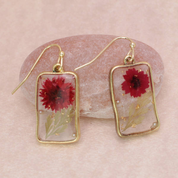 Cottage Red Flower Rectangle Earrings