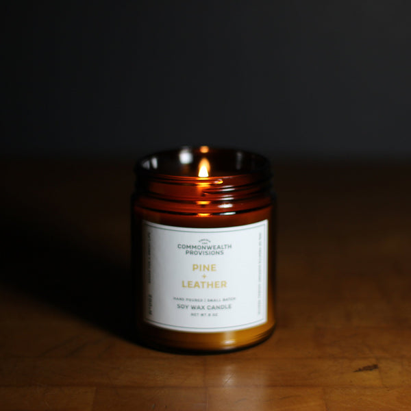 Pine + Leather Soy Candle